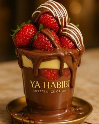 A chocolate-dipped strawberry cup in a Ya Habibi cup